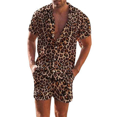 Hearujoy Leopard Print Men's Two Piece Set Short Sleeve Turn-down Collar Shirt And Shorts Loose Casual Suits Summer Fashion Outfits Male