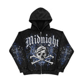 Hearujoy American Y2K Motorcycle Style Winter Letter Skull Print Zipper Hoodie Long Sleeve Sweater
