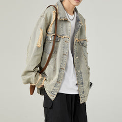 Hearujoy American Style Vintage Men Denim Jacket Spring Autumn Loose Wash Jean Coat Retro Nostalgia Trend Holes Cowboy Outwear Top Male