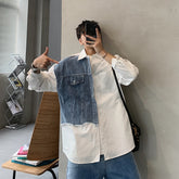 Hearujoy Denim Patchwork White Shirt Men Lapel Long Sleeve Button Loose Tops Spring Autumn Fashion Vintage Shirts Streetwear Male