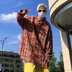 Hearujoy American Vintage Streetwear For Men Plaid Shirt Loose Casual Long Sleeve Buckle Top Autumn Fashion Trend Couple Shirts Clothing