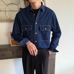 Hearujoy American Vintage Men's Denim Shirt Safari Style Double Pocket Lapel Long Sleeve Top Spring Autumn Fashion Streetwear Shirts Male