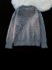 Casual Crew Neck Faux Mink Fur Knit Sweater for Adults, Polyester Blend, Loose Fit, Solid Color, Medium Stretch, with Braided Detail, for Fall/Winter Collection