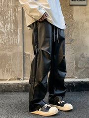 Hearujoy 1pc Men'S Street Style Solid Color PU Leather Pants, Casual Loose Fit Straight Leg, Non-Stretch Woven Polyester, All-Season Fashion Trousers