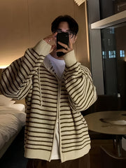 HEARUJOY - Men's Casual Striped Hooded Knit Cardigan - Soft Acrylic Zip-Up Sweater, Loose Fit for All Seasons, Black & White Vertical Stripes, Perfect for Commuting or Leisure Outings, Allseason Sweater | Zipup Cardigan | S