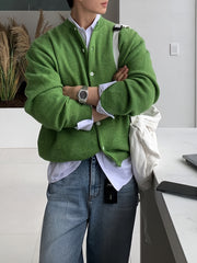 HEARUJOY - Cozy Long Sleeve Polyester Blend Cardigan - Men's Casual Solid Color Knit Button-Up Sweater for Fall/Winter, Korean Style, Loose Fit