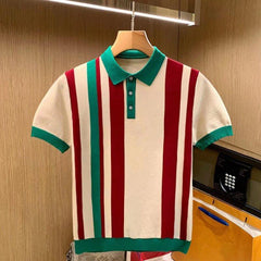Hearujoy British Style Luxury Men Knitting Polo Shirt Stripe Short Sleeved Lapel Button Men's T Shirts Spring Summer Fashion Slim Tops