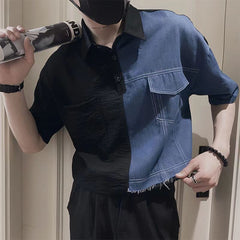 Hearujoy Fashion Denim Patchwork Shirt Men Short Sleeve Polo Collar Pullover Tops Summer Handsome Casual Loose Blouse Streetwear Male