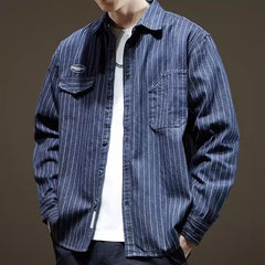 Hearujoy Japanese Retro Style striped shirt For Men Spring Autumn Long Sleeve Loose Tops American heavyweight Workwear Shirts Streetwear