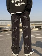 Hearujoy Embroidery Loose Ripped Cotton Blend Jeans, Men's Casual Street Style Distressed Denim Pants For Spring Summer