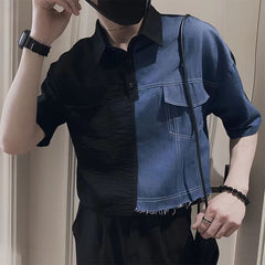 Hearujoy Fashion Denim Patchwork Shirt Men Short Sleeve Polo Collar Pullover Tops Summer Handsome Casual Loose Blouse Streetwear Male