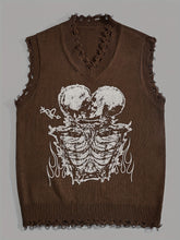 Hearujoy Stylish Men's Brown Knit Sweater Vest with Skull Print - Casual V-Neck, Sleeveless Pullover with Raw Hem Detail, Perfect for Summer