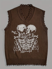 Hearujoy Stylish Men's Brown Knit Sweater Vest with Skull Print - Casual V-Neck, Sleeveless Pullover with Raw Hem Detail, Perfect for Summer
