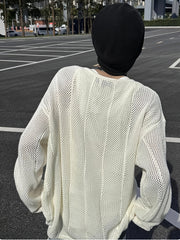 Hearujoy Men'S Casual Knitted Pullover Sweater with Hollow Geometric Square Pattern, Long Sleeves, Keyhole Collar, Loose Fit, 100% Polyester Fiber, Medium Elasticity, 7.76 oz/Square Meter, Suitable for Wearing on Spring And A