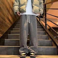 Hearujoy American Vintage Vertical Stripes Woolen Casual Pants For Men Spring Autumn Fashion Straight Wide Leg Trousers Streetwear Male