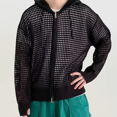 Hearujoy Hollow Out Knitted Hoodie Mens Jacket Loose Hooded Cardigan Spring Autumn Fashion Casual Knit Zip-Up Sweater Tops Streetwear