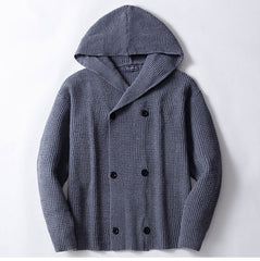 Hearujoy Autumn Winter Men Double Breasted knitted Hoodie Jacket Vintage Grey Hooded Sweater Oversized Knit Cardigan Casual Knitwear