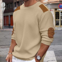 Hearujoy Men Patchwork Suede Knit Sweater Slim Fit Long Sleeve O-neck Knitwear Spring Autumn Fashion Knitted Pullover Tops Streetwear