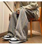 Hearujoy American Vintage Maillard Striped Casual Pants For Men Loose Straight Leg Wide Leg Trousers Autumn Winter Thick Woolen Pants