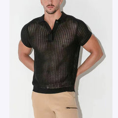 Hearujoy Summer Mens Hollow Out Knit Polo Shirts Sexy See Through Short Sleeve V-lapel Tops Fashion Mesh Loose Casual T-shirt Streetwear