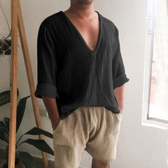 Hearujoy Spring Summer Mens V Neck Cotton Linen T-shirt Loose Solid Long Sleeve Pullovers Tops Fashion Casual Clothing Streetwear