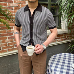 Hearujoy Summer Men Knit Polo Shirts Fashion Simple Plaid Knitted Sweater Vintage Short sleeve Button Cardigan Business Casual Knitwear