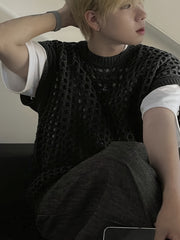 Hearujoy Solid Color Viscose Tank Top - Men's Fashion Hollow-Out Crew Neck Sleeveless Knit Vest for Casual, Outdoor, Streetwear - Spring/Summer/Fall Season