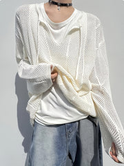 Hearujoy Men'S Casual Knitted Pullover Sweater with Hollow Geometric Square Pattern, Long Sleeves, Keyhole Collar, Loose Fit, 100% Polyester Fiber, Medium Elasticity, 7.76 oz/Square Meter, Suitable for Wearing on Spring And A