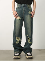 Hearujoy Men's Denim New Design Sense Street Dance Hip-hop Skateboard Hole Straight Leg Jeans Frosted Wide Leg Loose Casual Denim Pants