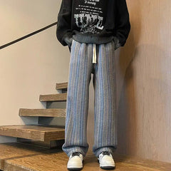 Hearujoy American Vintage Maillard Striped Casual Pants For Men Loose Straight Leg Wide Leg Trousers Autumn Winter Thick Woolen Pants