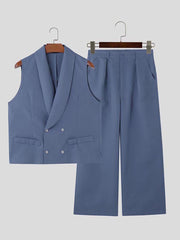 HEARUJOY - Men Casual Solid Color Shawl Collar Double Breasted Vest with Buttoned Waist Front Zipper Straight Leg Pants Baggy Thin Formal Work Pants Blazer Suit - Polyester, Non-Stretch, Summer, Regular Fit, Woven, 130g/m²