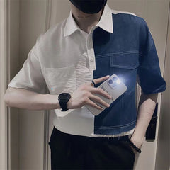 Hearujoy Fashion Denim Patchwork Shirt Men Short Sleeve Polo Collar Pullover Tops Summer Handsome Casual Loose Blouse Streetwear Male