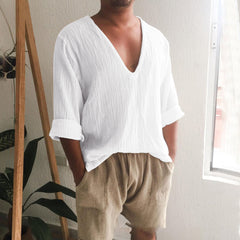Hearujoy Spring Summer Mens V Neck Cotton Linen T-shirt Loose Solid Long Sleeve Pullovers Tops Fashion Casual Clothing Streetwear