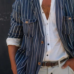 Hearujoy Vintage Striped Shirts Men Fall Long Sleeve Casual Jacket Tops British Style Fashion Coat Multi pocket Workwear Shirt Streetwear