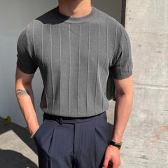 Hearujoy Summer New Men Knited Short Sleeve T-shirts High Quality O-neck Tees Tops Pullovers Solid Stripe Slim Fit T-Shirts Male Clothing