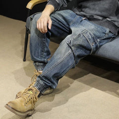 Hearujoy Fashion Vintage Men Jeans Spring Autumn Multiple Pockets Cargo Pants Oversized Loose Ankle Binding Denim Trousers Streetwear