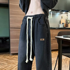 Hearujoy High Street Jeans Men Elastic Waist With Large Drawstring Straight Pants Fashion Casual Loose Wide Leg Denim Trousers Streetwear