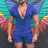 Hearujoy Fashion Mens Jumpsuit Shirts Overalls Casual Beach Catsuit Vintage Zipper Short-sleeved Shorts Bodysuit Sports Uniform Playsuit