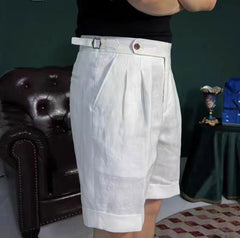 Hearujoy British Style Men Naples Linen Shorts Paris Waist Buckle Button Knee Length Pant Summer High Quality Casual Loose Short Trouser