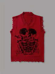 Hearujoy Stylish Men's Brown Knit Sweater Vest with Skull Print - Casual V-Neck, Sleeveless Pullover with Raw Hem Detail, Perfect for Summer