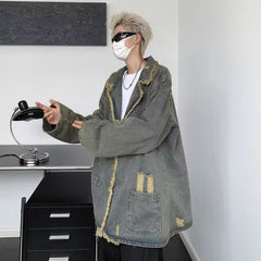 Hearujoy American Vintage Denim Coat Men Women Distressed Broken Hole Tassel Tailored Collar Jeans Wear Spring Autumn Loose Long Jacket