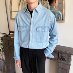 Hearujoy American Vintage Men's Denim Shirt Safari Style Double Pocket Lapel Long Sleeve Top Spring Autumn Fashion Streetwear Shirts Male