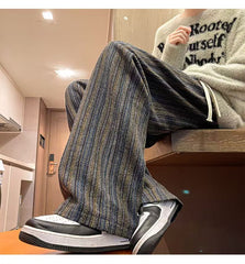 Hearujoy American Vintage Maillard Striped Casual Pants For Men Loose Straight Leg Wide Leg Trousers Autumn Winter Thick Woolen Pants