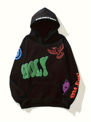 Hearujoy Kolliey Women's Graphic Hoodie - Spring Casual Loose Sweatshirt, Long Sleeve Pullover With Letter Print, Black Polyester Blend