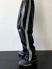 Hearujoy Men's PU Leather Pants, 45% Polyurethane 55% Polyester, All-Season Street Style Straight Leg with Side Stripe Design, Loose Fit Woven Trousers, Allseason Pants | Modern Loose Pants | Drawstring Waistband