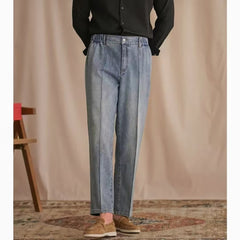 Hearujoy Vintage Cotton Men Jeans Suit Pants Elastic High Waisted Straight Trousers British Business Style Casual Naples Denim Pant