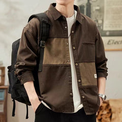 Hearujoy American Vintage Denim Shirt For Men Heavy Weight Patchwork Jacket Spring Autumn Trendy Loose Shirts Coat Streetwear Casual Top