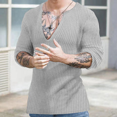 Hearujoy Spring Autumn Men Knit Cotton T Shirt Long Sleeve V-neck Loose Casual Pullover Fashion Solid Thin Knited Tops Streetwear Male