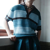 Hearujoy American Vintage Striped Knitted Polo Shirt For Men Fashion Contrast Color Hollow Out Kint Tops New Summer Short Sleeve Tshirs