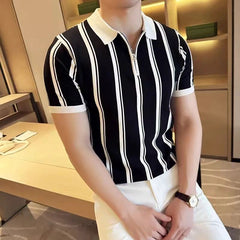 Hearujoy British Style Luxury Knit Polo Shirt Men Striped Short /Long Sleeve Half Zipper Top Business Casual High Quality Tee Streetwear